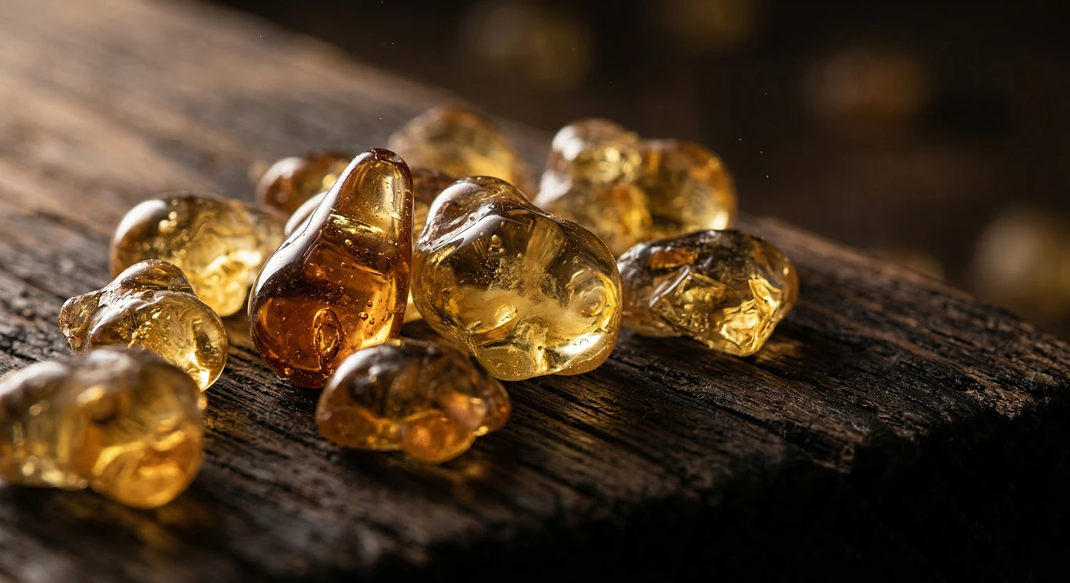 Resina ambarada translúcida dourada, nota de base de alta perfumaria