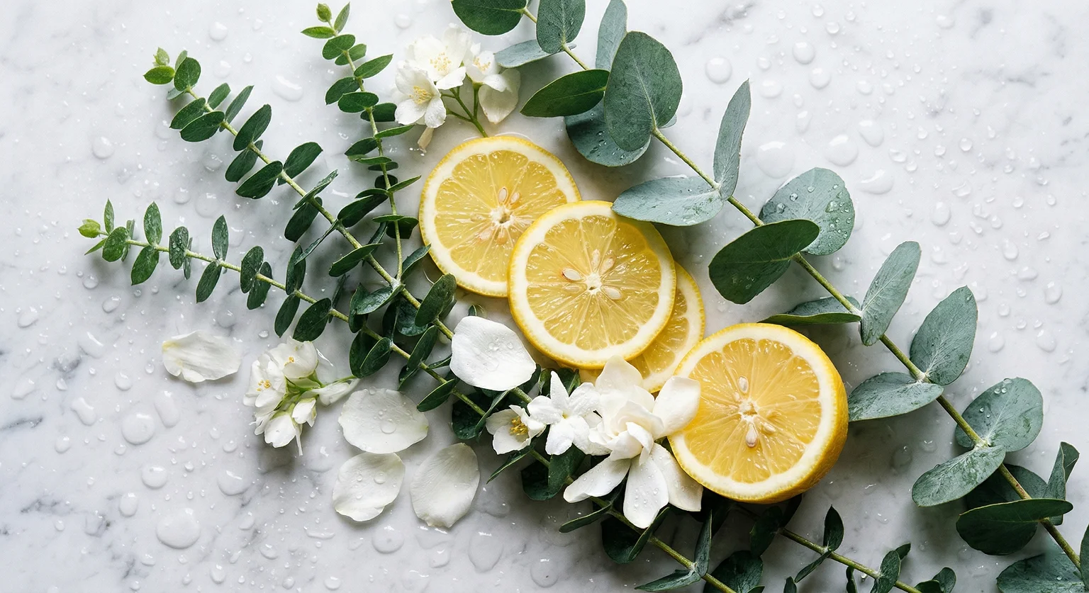 Ingredientes naturais como eucalipto, limão e flores brancas usados em fragrâncias limpas e cristalinas