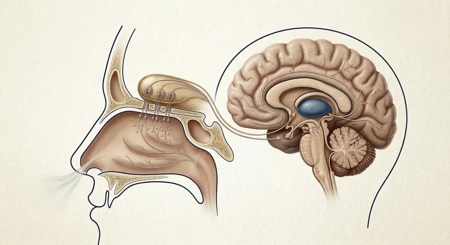 Infográfico mostrando o caminho da fragrância do epitélio olfativo ao sistema límbico no cérebro