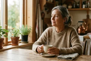 Mulher com expressão contemplativa evocando uma memória afetiva, ilustrando o poder da memória olfativa