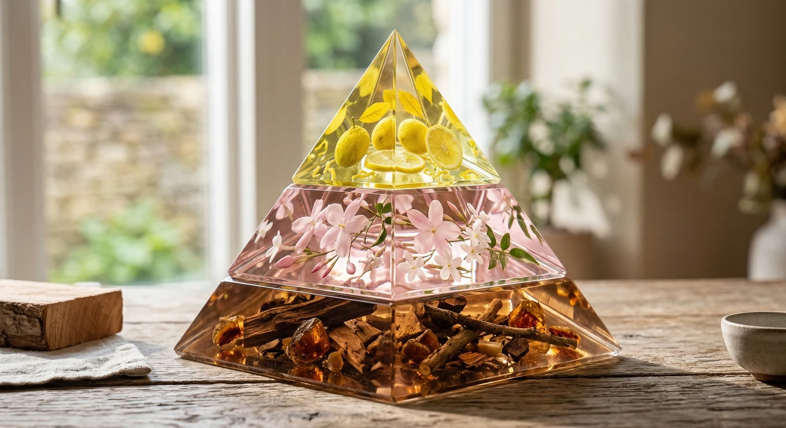 Infográfico da pirâmide olfativa com notas de topo, coração e fundo ilustradas por família olfativa