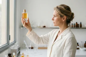 Perfumista analisando frasco de fragrância em laboratório, representando a estrutura da pirâmide olfativa
