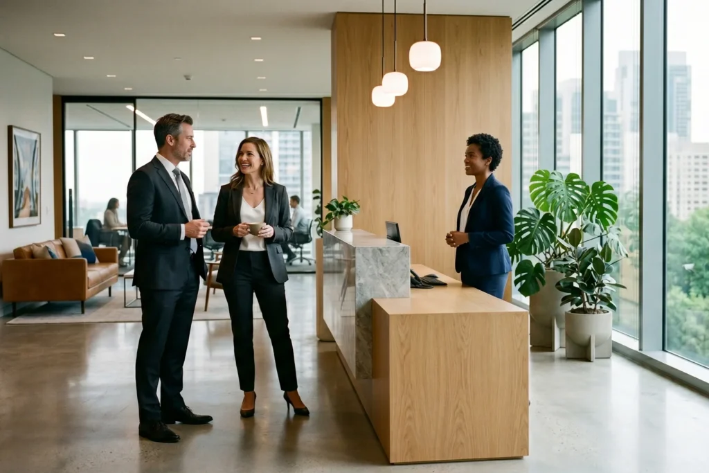 Ambiente corporativo sofisticado com difusor profissional e luz natural, representando a fragrância Cashmeran em espaços de trabalho