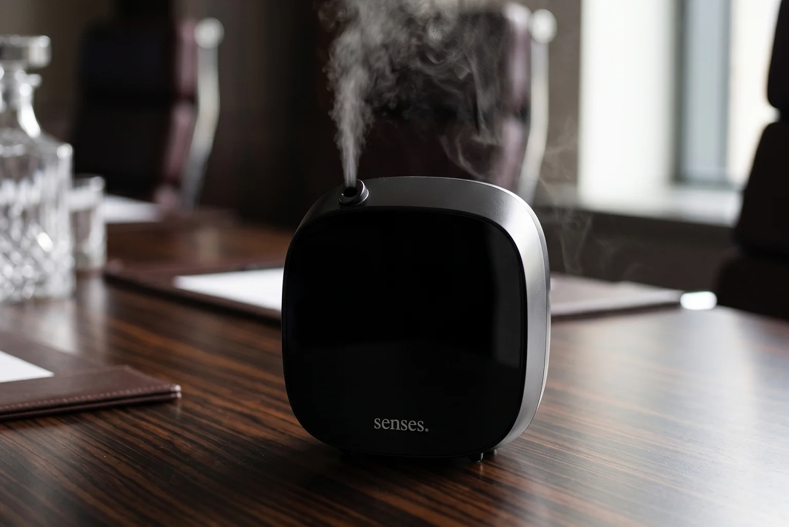 Difusor profissional de fragrância em sala de reunião corporativa com névoa sutil