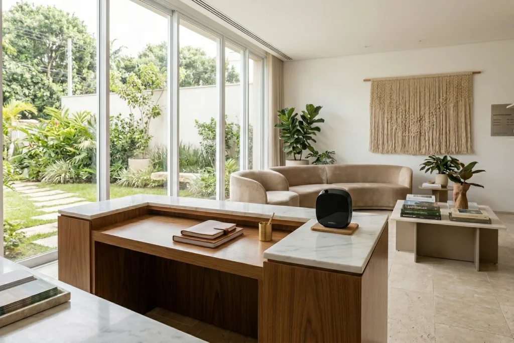 Recepção de clínica com difusor de fragrância sobre a bancada, ambiente minimalista e acolhedor.