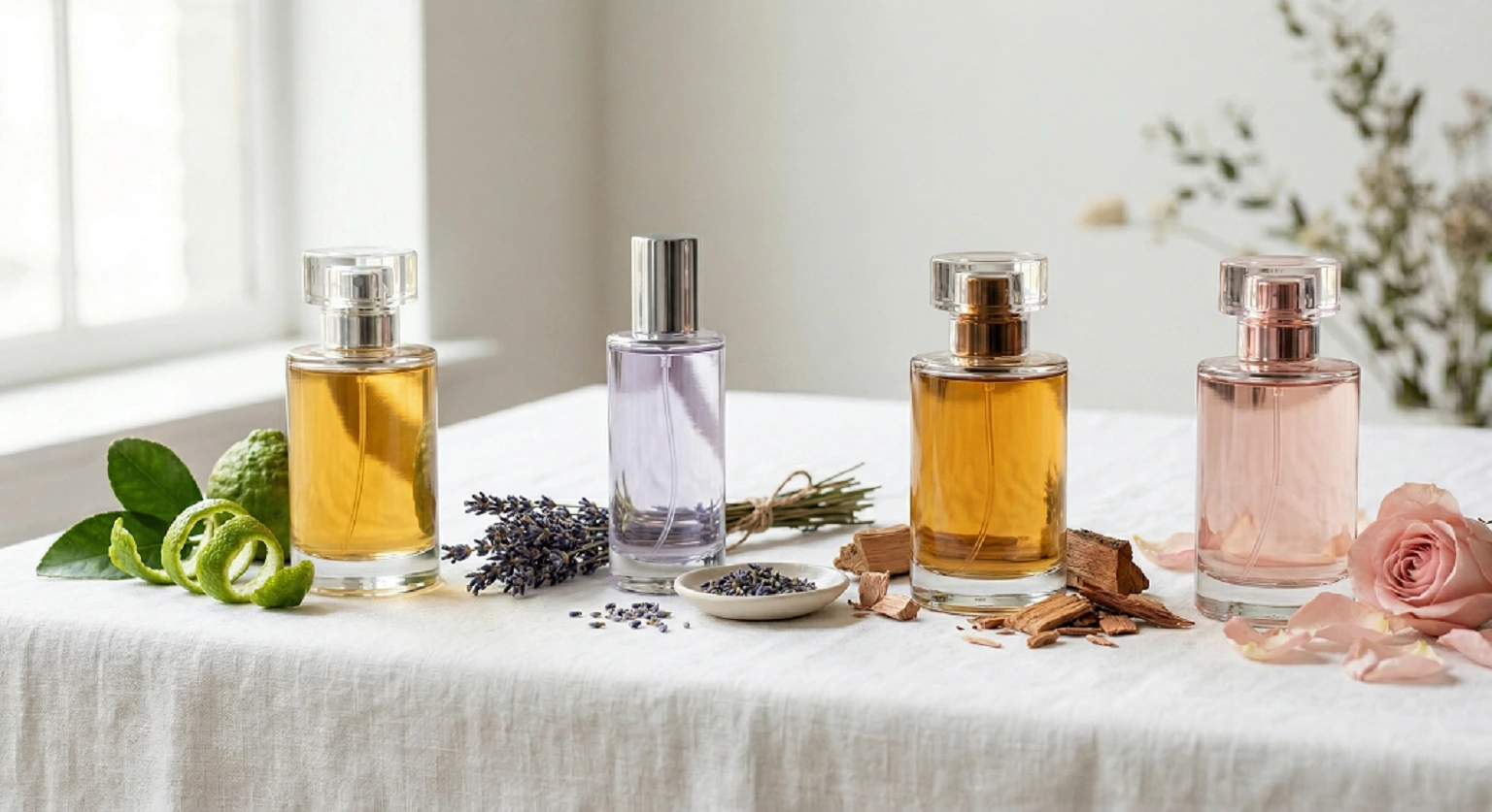 Frascos de fragrâncias de diferentes famílias olfativas organizados com elementos naturais como bergamota, lavanda e cedro.