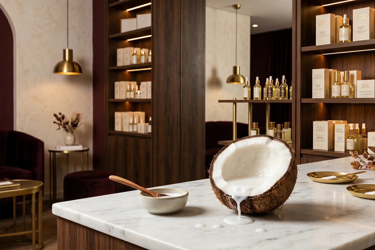 Boutique de luxo com fragrância de coco cremoso evocando sofisticação e experiência sensorial premium