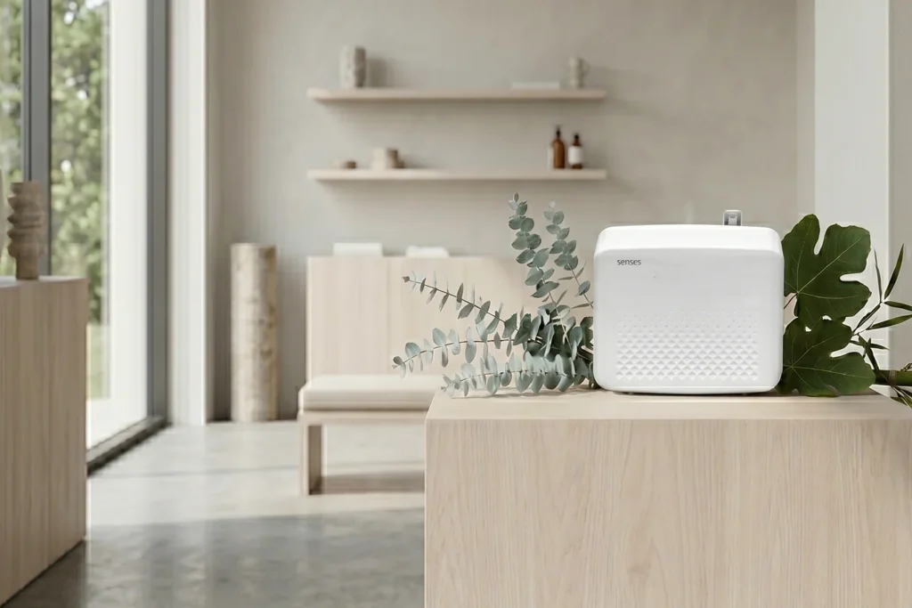 Difusor profissional com elementos botânicos verdes em interior de loja sofisticada