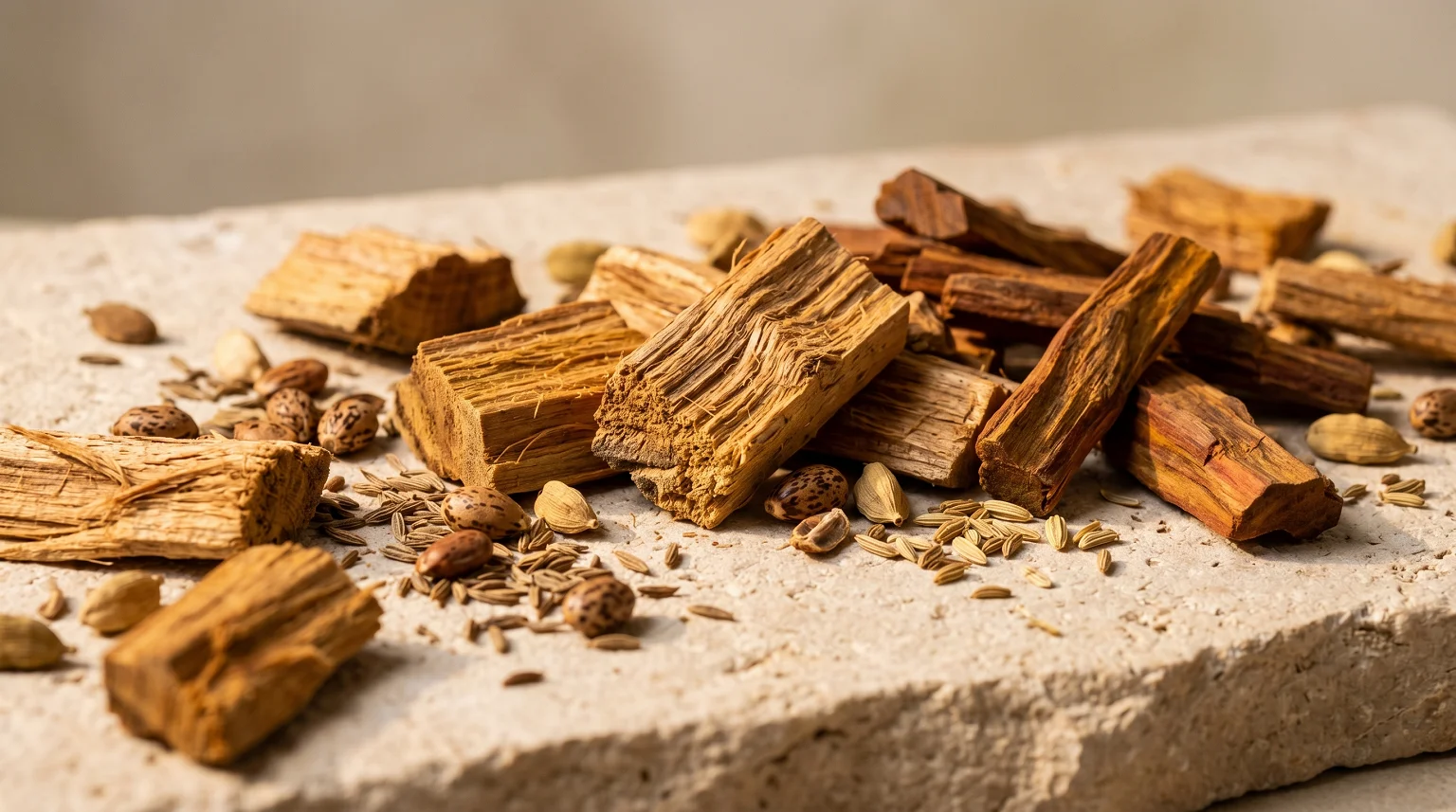 Detalhes naturais de madeira de sândalo e cedro, ingredientes base em fragrâncias de alta fixação para aromatização profissional.