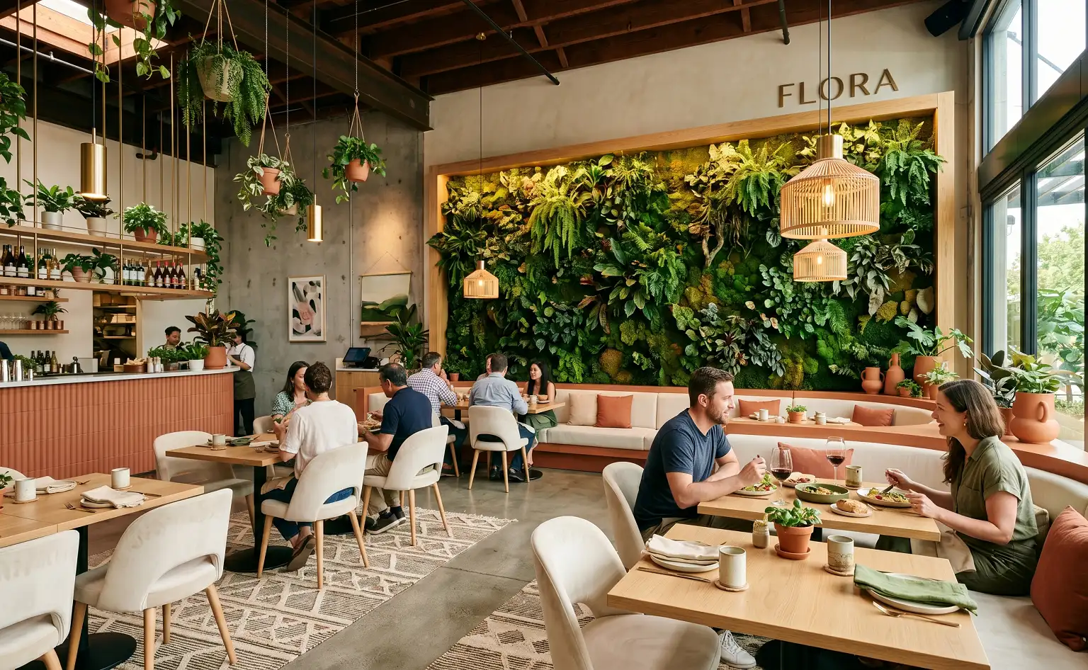 Interior de restaurante com decoração biofílica e ambiente aromatizado com fragrâncias verdes
