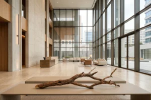 Hall corporativo amplo com luz natural, representando a aromatização de grandes espaços com fragrâncias de sândalo e cedro.