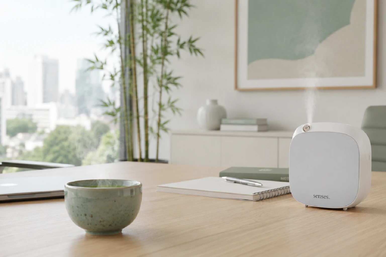 scritório corporativo aromatizado com fragrância de matchá e chá verde pela Senses