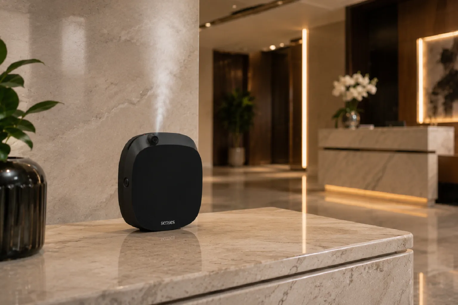 Difusor profissional liberando fragrância em lobby corporativo moderno com iluminação indireta