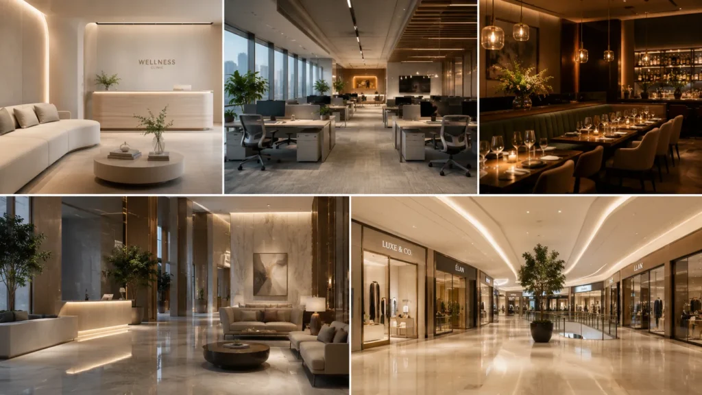 Cinco ambientes corporativos distintos — clínica, escritório, restaurante, hotel e shopping — aptos à aromatização profissional