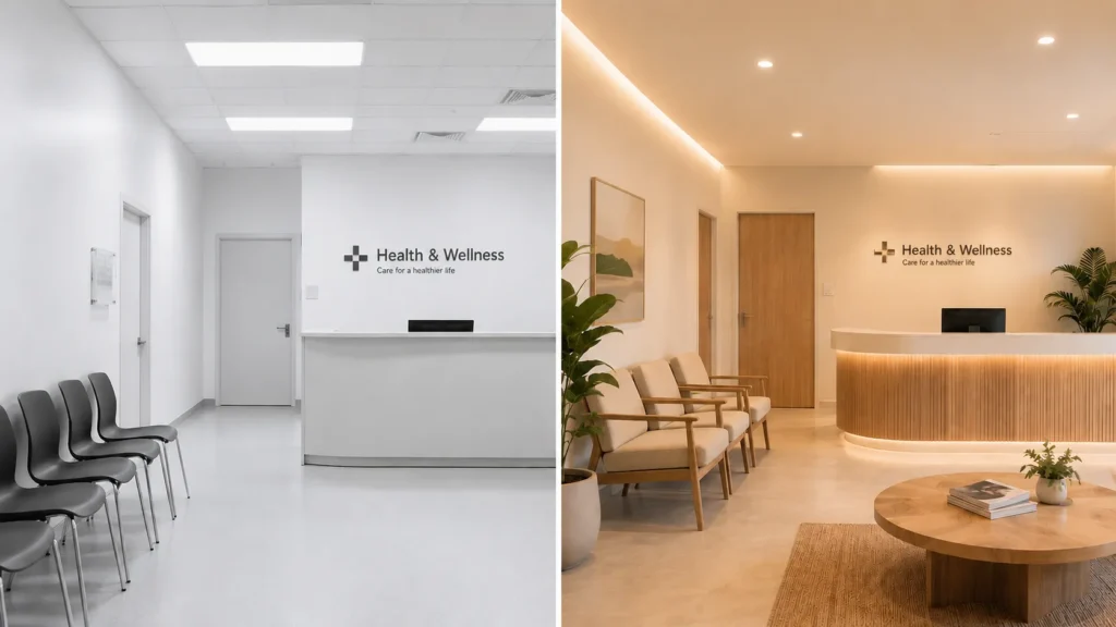 Comparação entre sala de espera clínica com diferentes iluminações