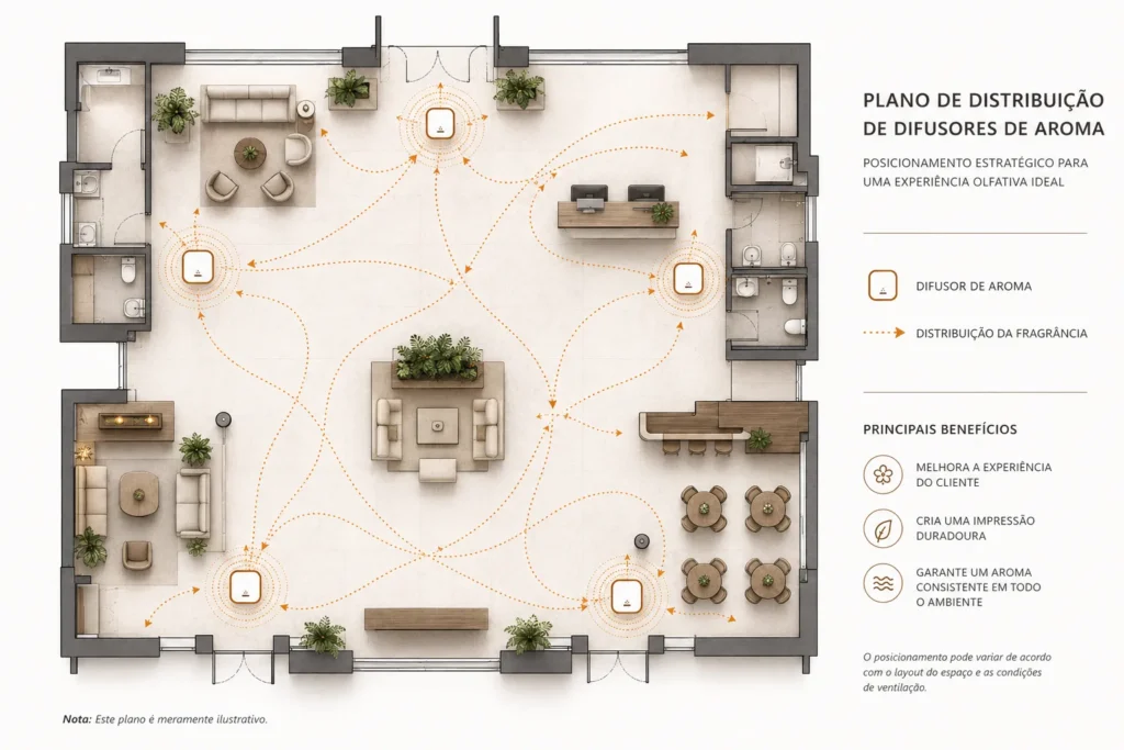 Ilustração de planta baixa mostrando o posicionamento estratégico de difusores e o fluxo de dispersão de fragrância em ambiente comercial