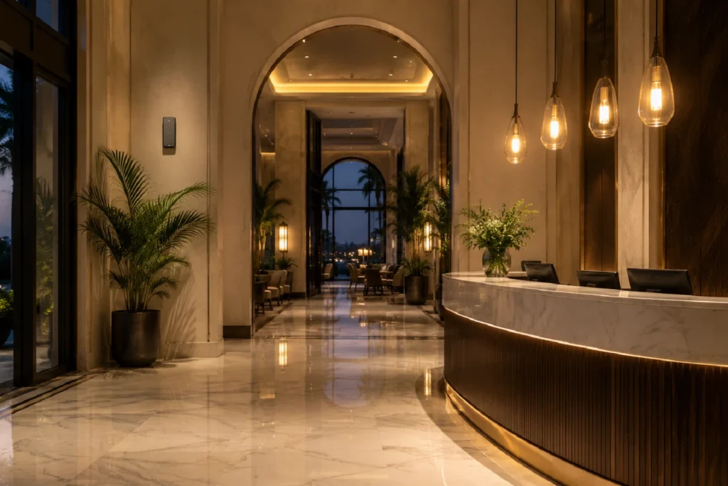 Lobby de hotel de luxo com difusor profissional de fragrância integrado discretamente à arquitetura da entrada