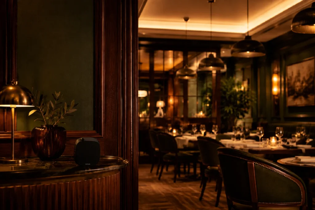 Salão de restaurante sofisticado com iluminação quente e atmosfera cuidadosamente desenhada para a experiência gastronômica