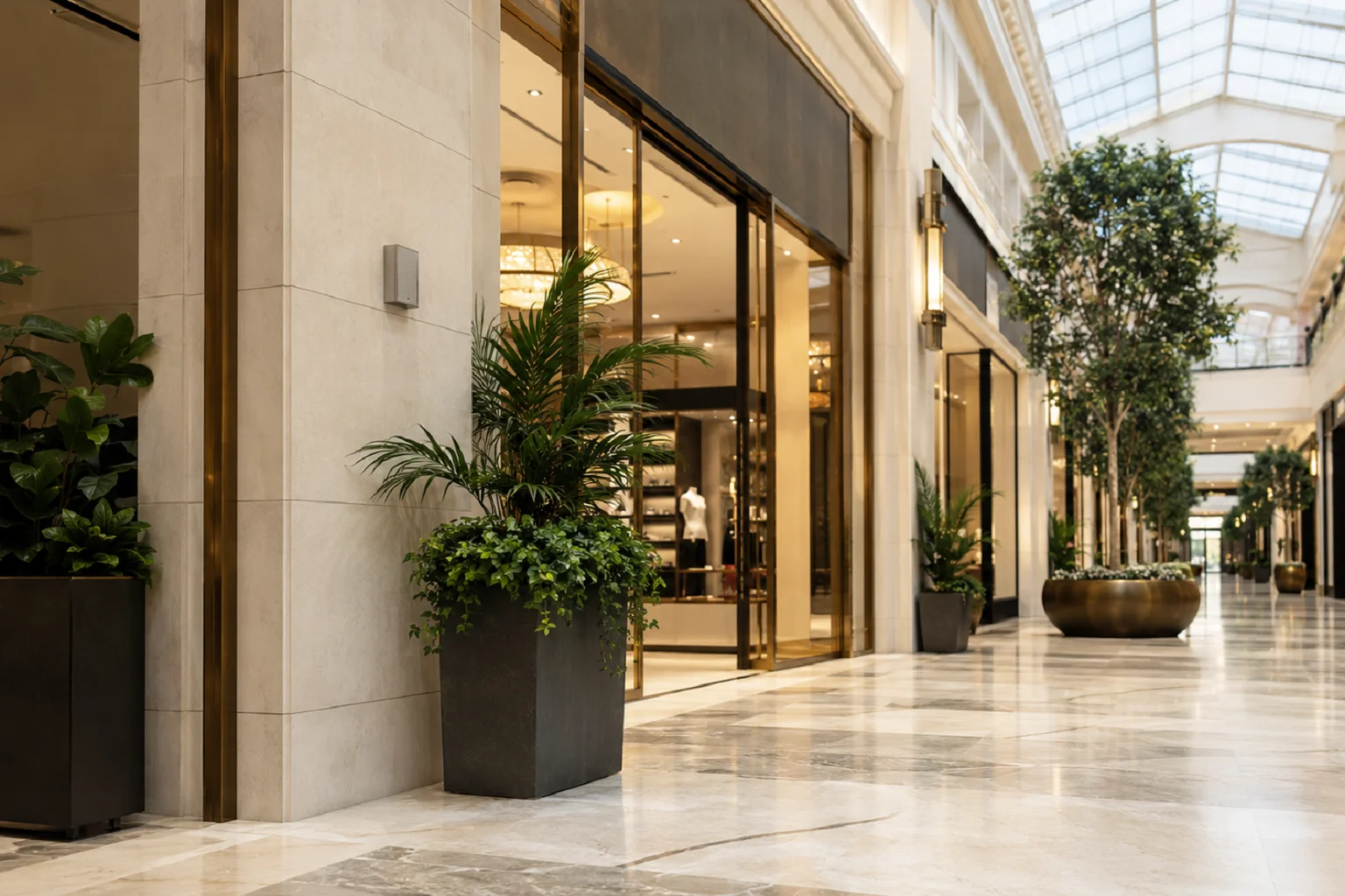 Corredor de shopping center moderno com difusor profissional de fragrância integrado à arquitetura do espaço