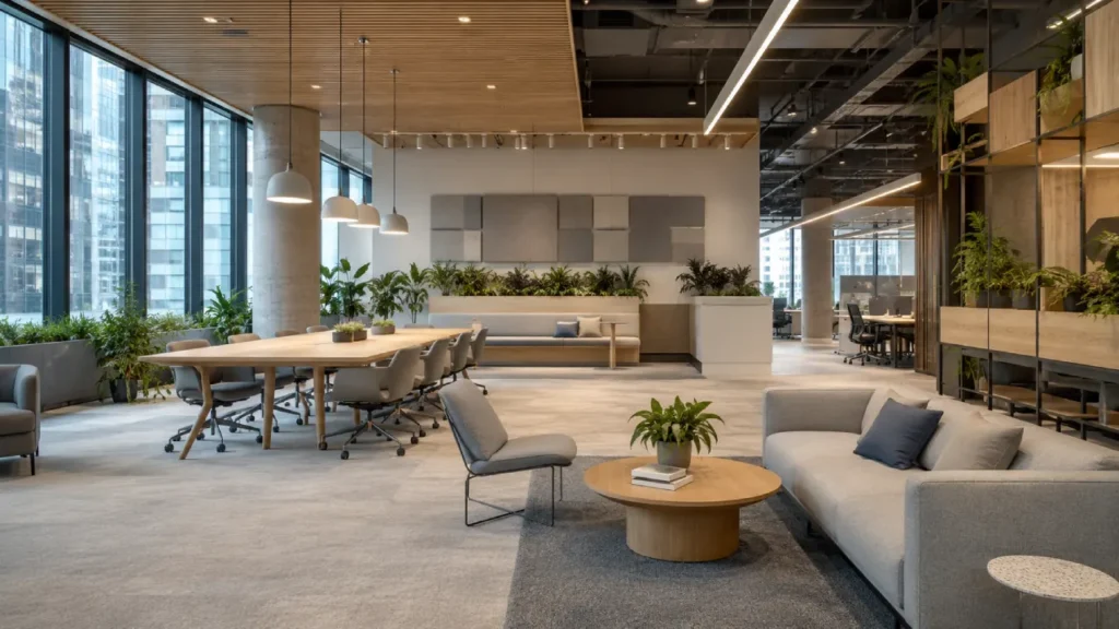 Escritório open office com difusor profissional de fragrância integrado ao design do espaço