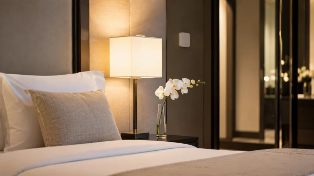 Detalhe de quarto de hotel de alto padrão com difusor profissional posicionado discretamente junto à mesa de cabeceira