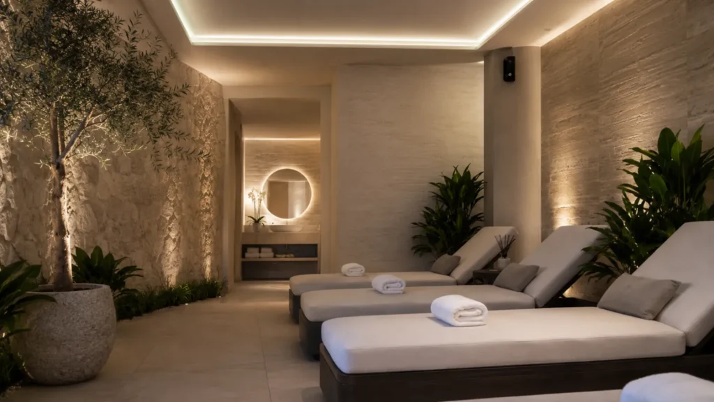 Área de relaxamento de spa em hotel com fragrância profissional criando atmosfera de bem-estar e tranquilidade