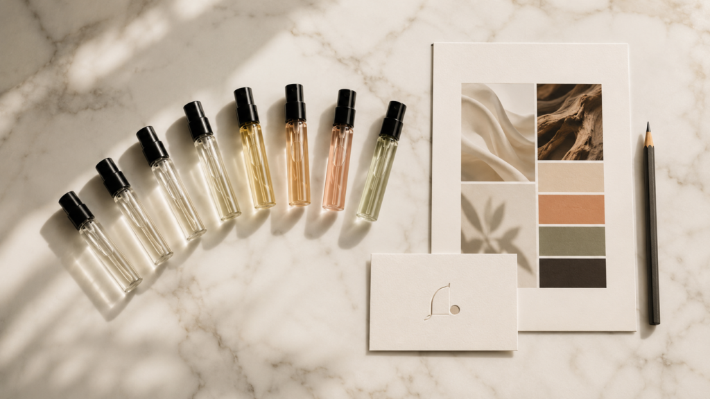 Amostras de fragrância e elementos de identidade visual sobre mármore branco durante processo de desenvolvimento de assinatura olfativa