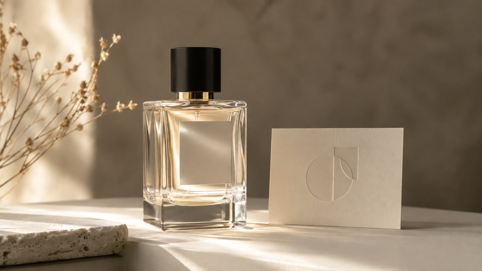 Frasco de fragrância e elementos de identidade de marca sobre superfície branca em fotografia editorial sofisticada