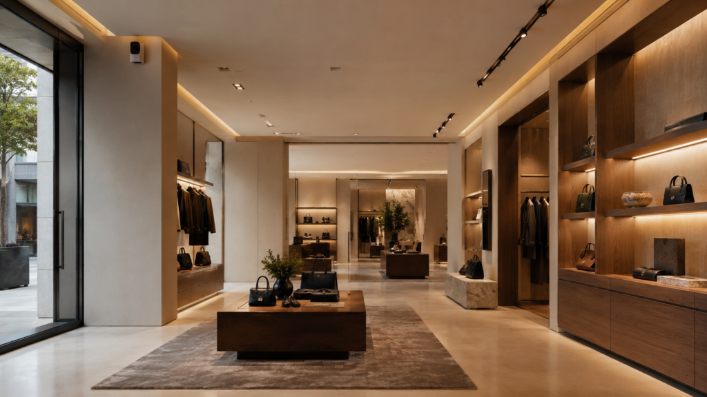 Interior de loja flagship premium com difusor profissional integrado à arquitetura como parte da identidade olfativa da marca