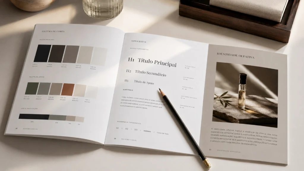 Manual de marca aberto com seção dedicada à identidade olfativa, mostrando fragrância como elemento documentado do sistema de branding