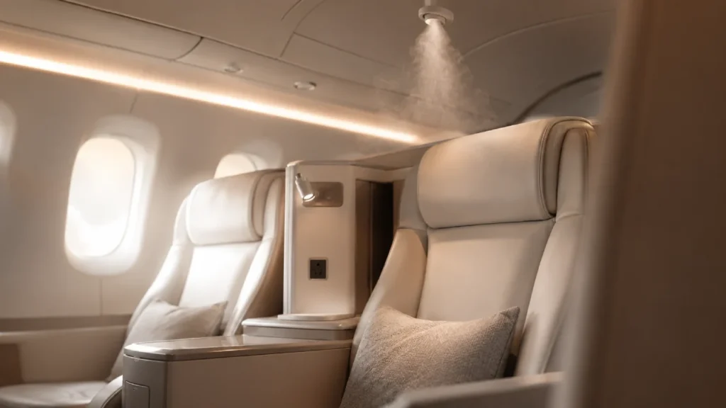 Interior de cabine de aviação de alto padrão com sistema de difusão de fragrância integrado à experiência sensorial da marca