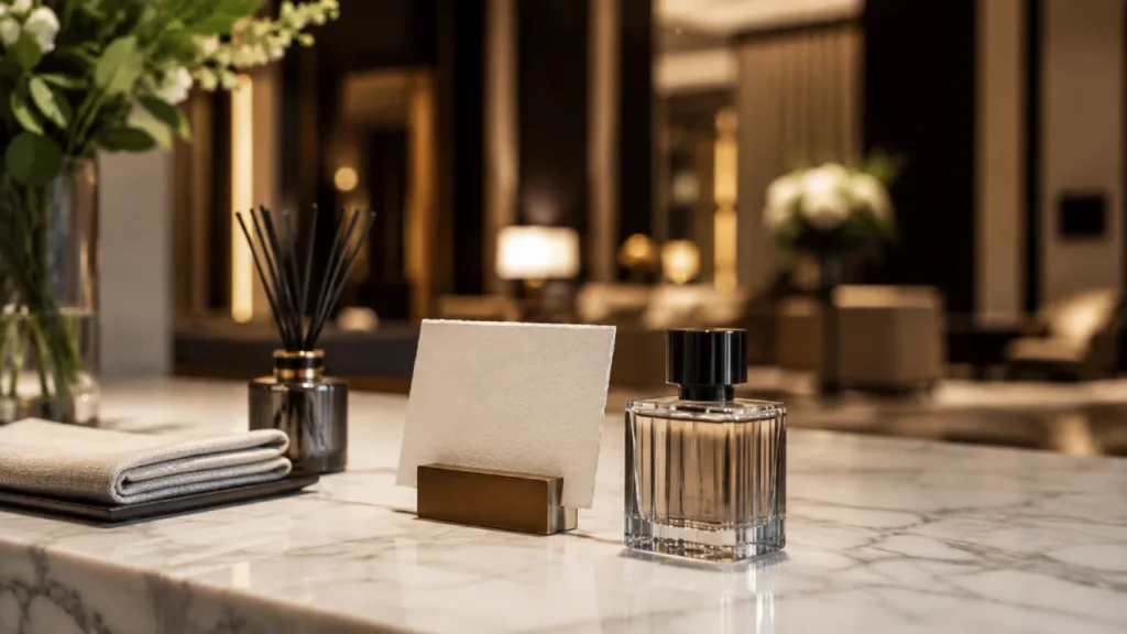 Detalhe de lobby de hotel de luxo com difusor de fragrância e frasco de perfume exclusivo sobre balcão de mármore