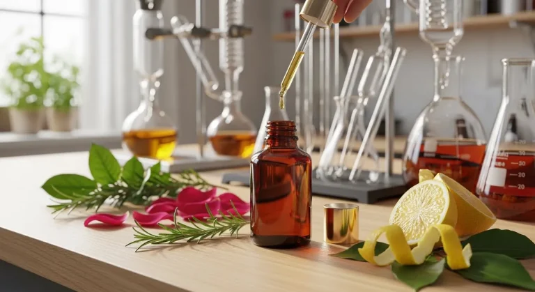 Ilustração do processo de extração de matérias primas para a perfumaria, como cítricos e alecrim.