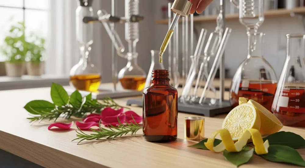 Ilustração do processo de extração de matérias primas para a perfumaria, como cítricos e alecrim.