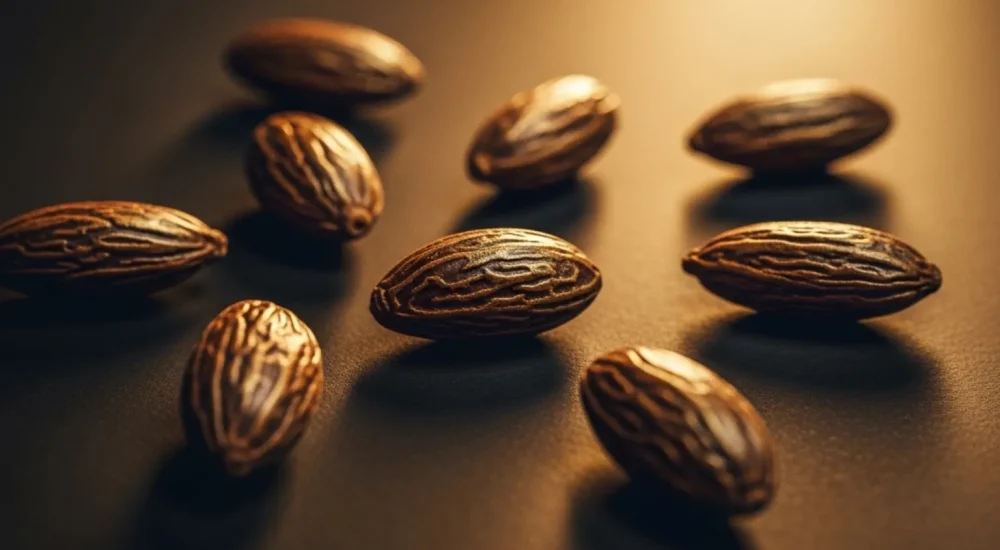 Sementes de Fava Tonka em close sobre superfície escura com iluminação quente, representando ingrediente de perfumaria de luxo.