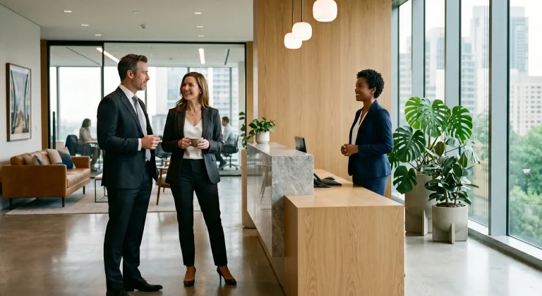 Ambiente corporativo sofisticado com difusor profissional e luz natural, representando a fragrância Cashmeran em espaços de trabalho