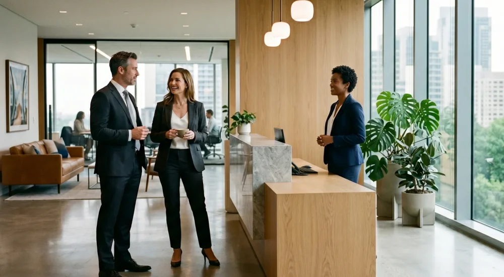 Ambiente corporativo sofisticado com difusor profissional e luz natural, representando a fragrância Cashmeran em espaços de trabalho