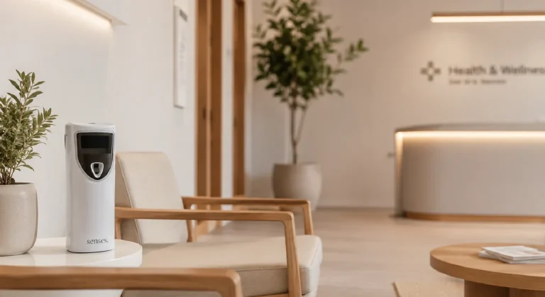 Sala de espera de clínica moderna com difusor profissional e atmosfera acolhedora
