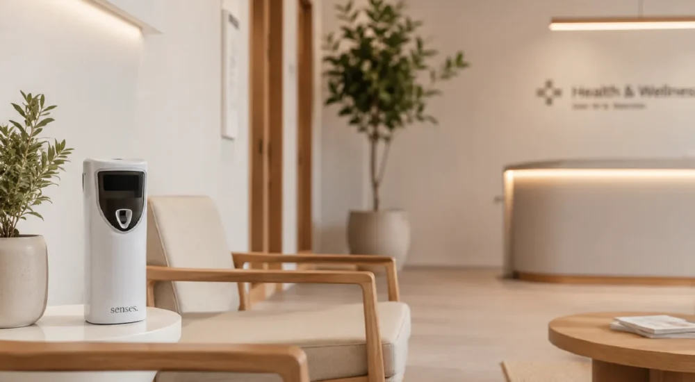 Sala de espera de clínica moderna com difusor profissional e atmosfera acolhedora