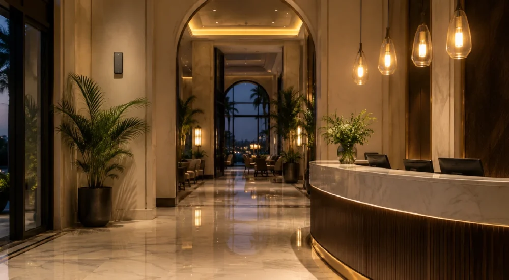 Lobby de hotel de luxo com difusor profissional de fragrância integrado discretamente à arquitetura da entrada