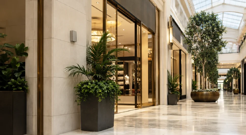 Corredor de shopping center moderno com difusor profissional de fragrância integrado à arquitetura do espaço