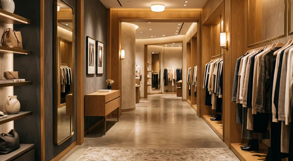 Interior de loja de varejo sofisticada com ambiente cuidadosamente planejado para a experiência do cliente.