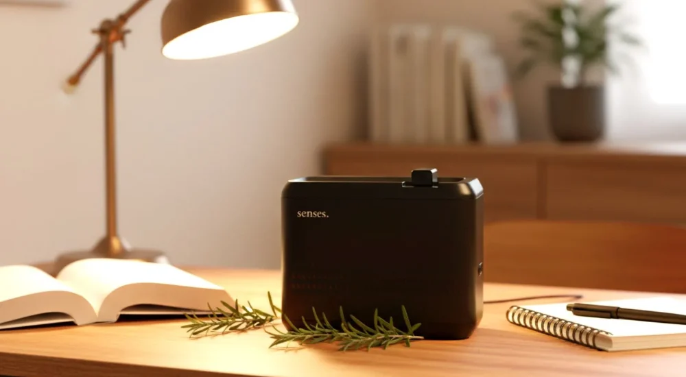 Difusor de fragrâncias com blend de alecrim em escritório criativo