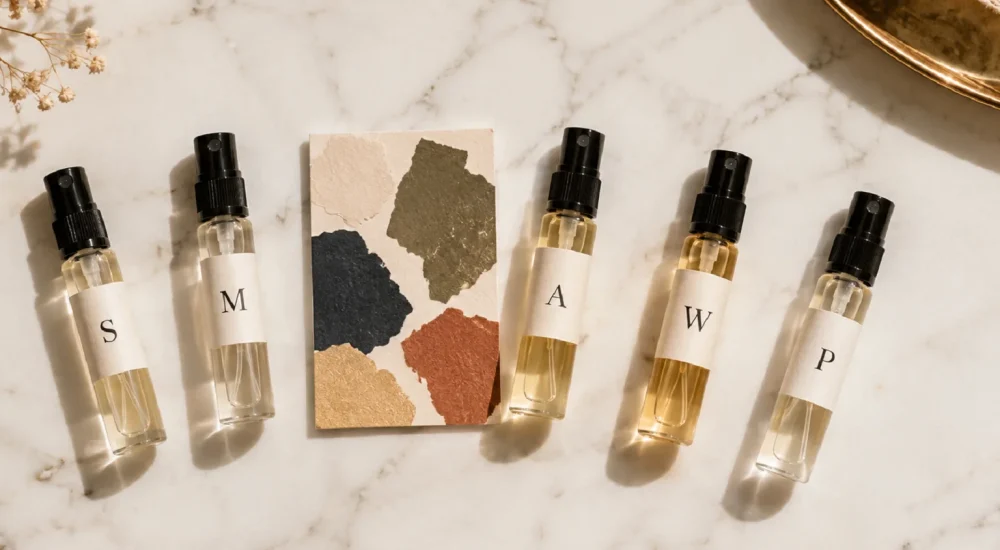 Cinco frascos de fragrância representando cases de identidade olfativa de marcas globais sobre superfície de mármore branco