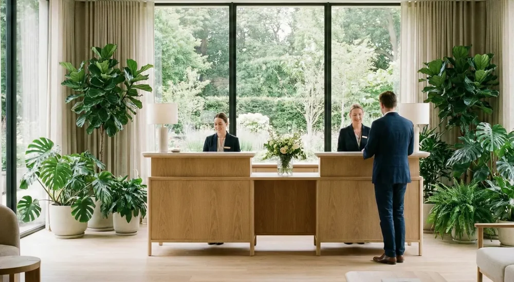 Recepção elegante com atmosfera limpa e sofisticada associada a cheiros que transmitem confiança.