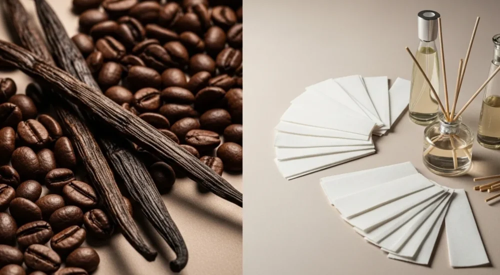 Comparação visual entre aroma (alimentos) e fragrância (perfumaria).
