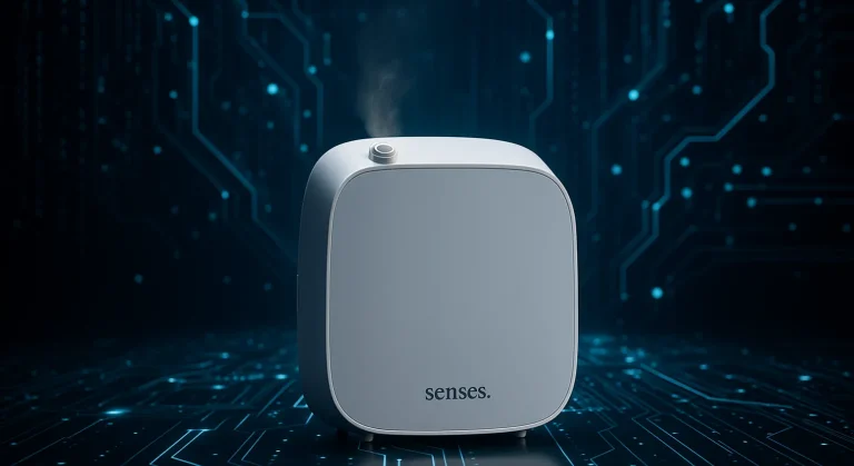 Difusor de aromatização profissional da Senses sobre superfície refletiva, com fundo tecnológico azul e circuitos luminosos simbolizando inovação e inteligência artificial aplicada à aromatização.
