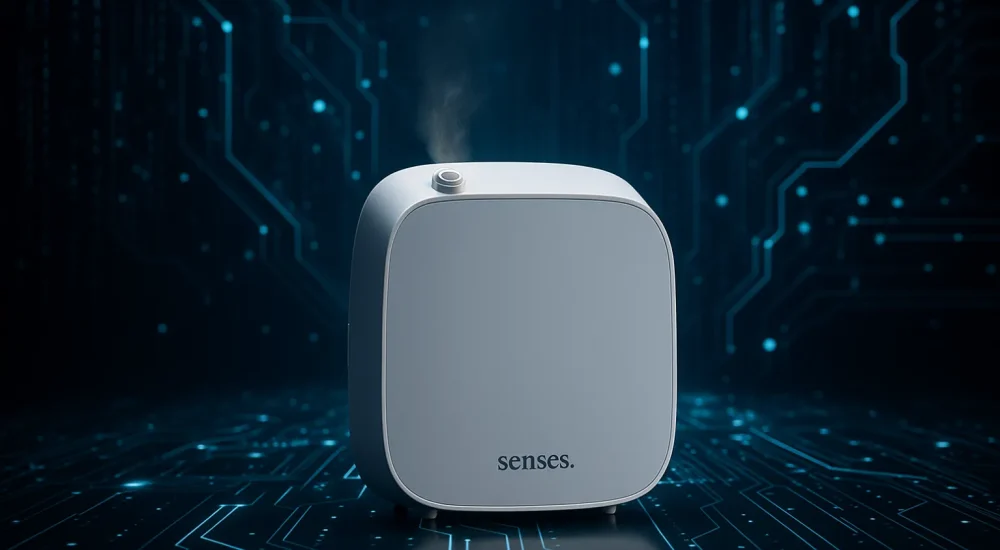 Difusor de aromatização profissional da Senses sobre superfície refletiva, com fundo tecnológico azul e circuitos luminosos simbolizando inovação e inteligência artificial aplicada à aromatização.