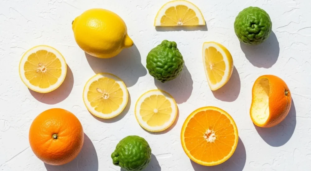 Flat lay minimalista com limão, bergamota e laranja dispostos sobre fundo branco.