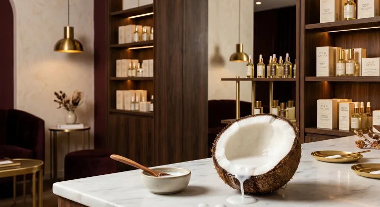 Boutique de luxo com fragrância de coco cremoso evocando sofisticação e experiência sensorial premium